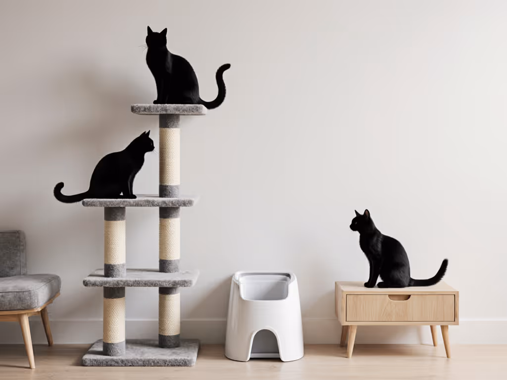 Three cat silhouettes with vertical perches around litter box area