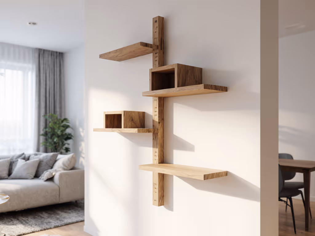 vertically integrated cat shelves along wall