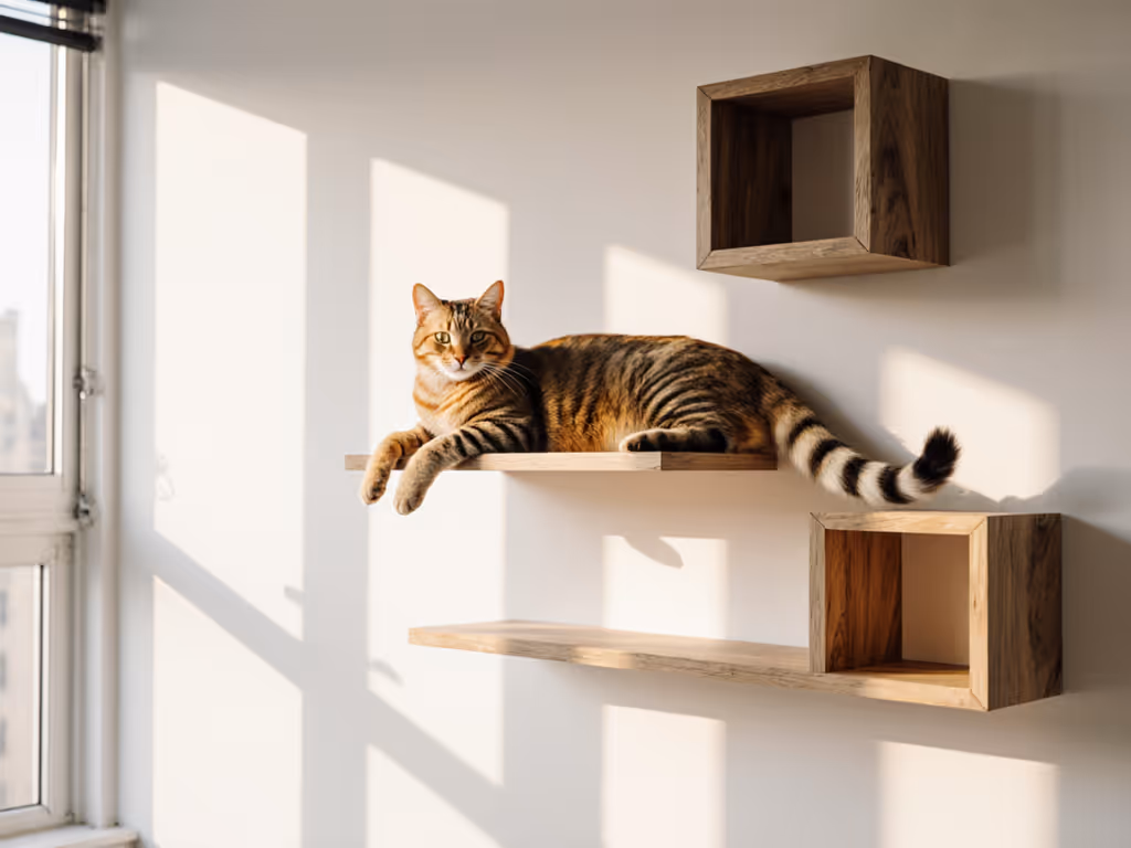 Cat perched on custom wall-mounted shelves in a small urban apartment with natural light