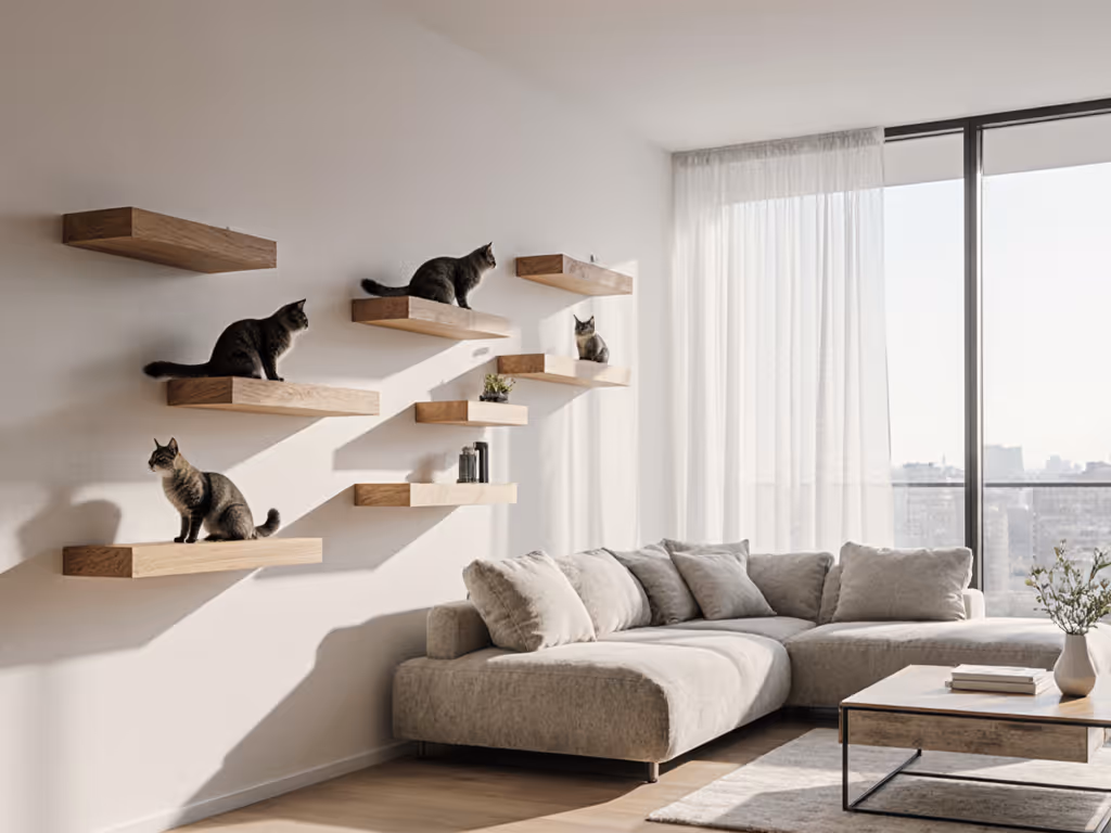wall-mounted cat shelves in modern living room