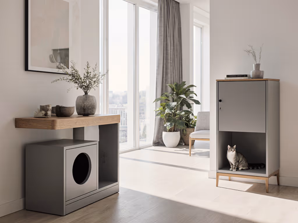 luxury litter box integration in modern living room