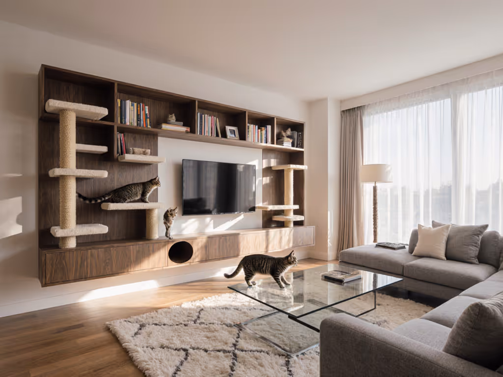 Cat-Friendly Living Room Makeover: Seamless Integrated Furniture